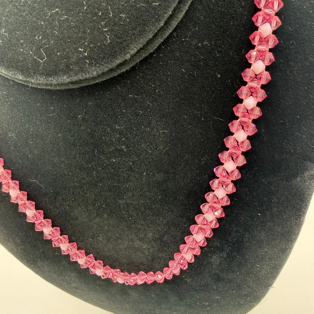 Handmade Pink Crystal Beaded Woven Necklace 17 Inch‎ Bicone Sparkle Artisan